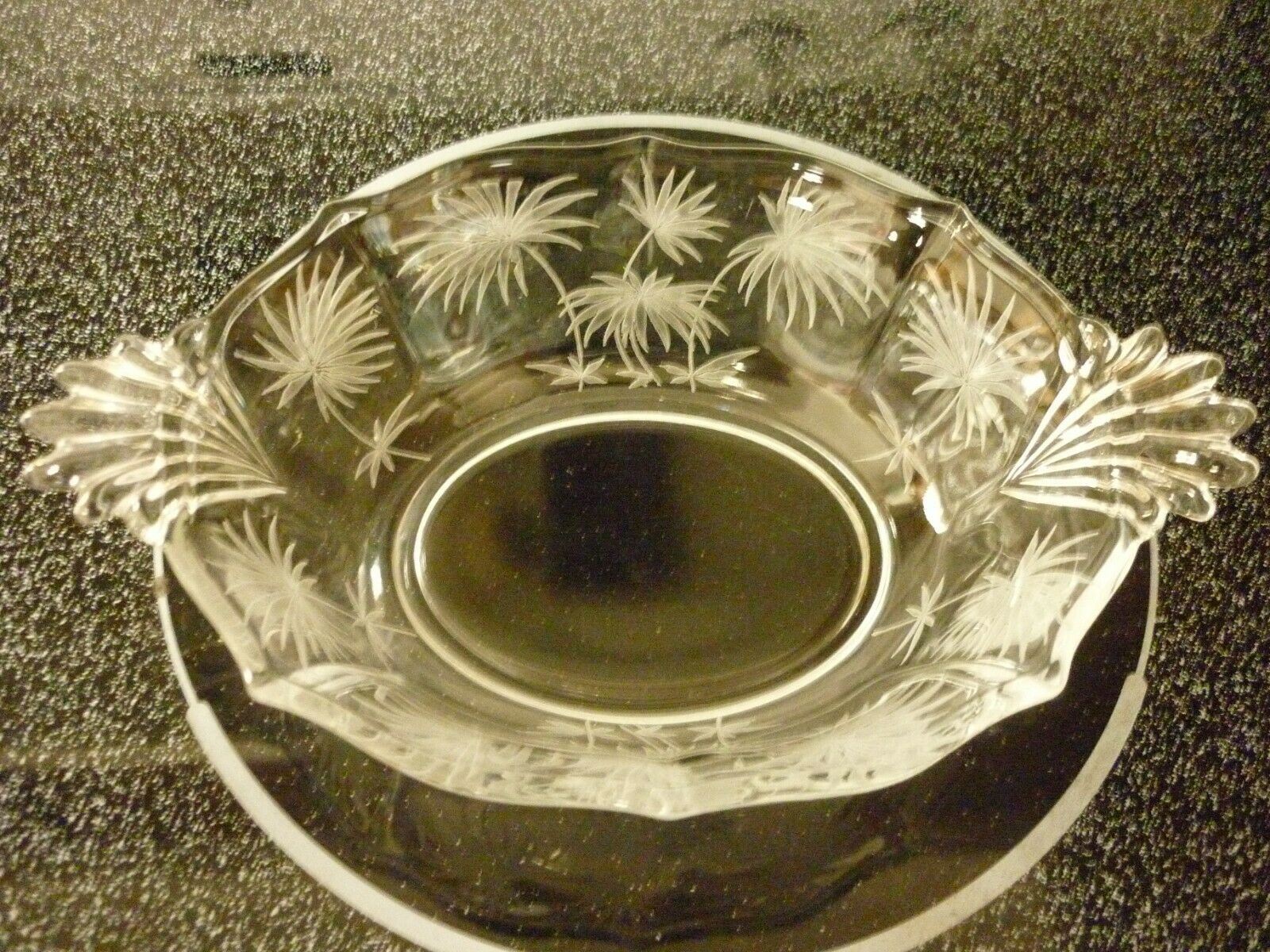 Vintage Fostoria Lido Etched Palm Trees Clear Glass Candy Dish Great Cond