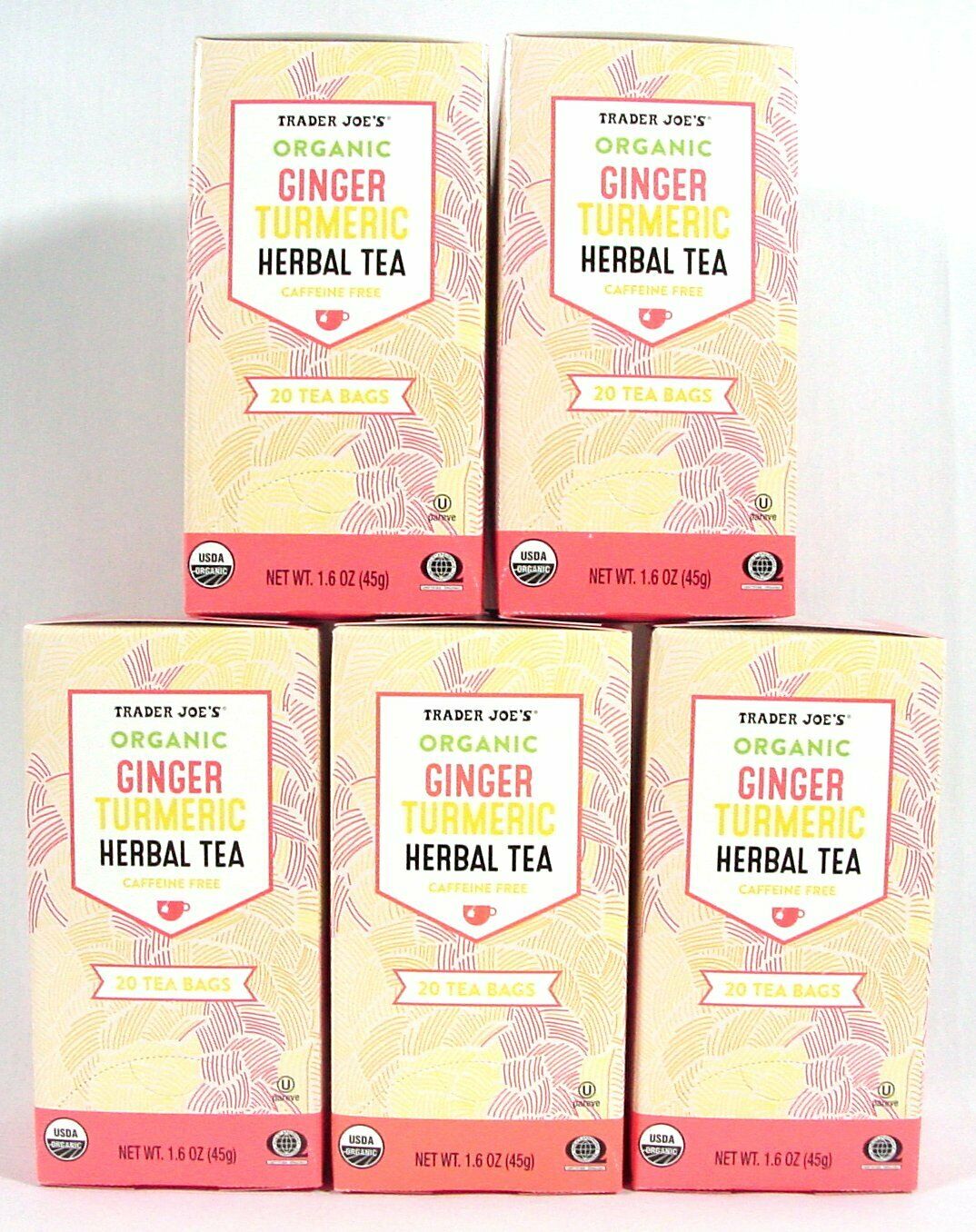 Trader Joe's Organic Ginger Turmeric Herbal Tea Box Caffeine Free Tumeric