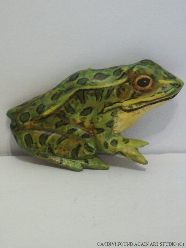 Leopard Frog Hand Carved Painted Wood Pin Artist Briner Signed Brooch 1986 Vtg