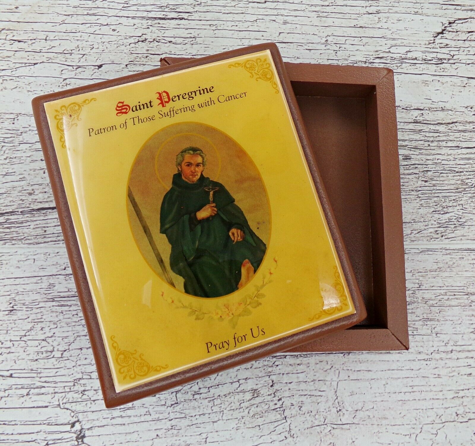 Discontinued Sale Patron Saint Peregrine Wooden Rosary Box Keepsake, 5 In