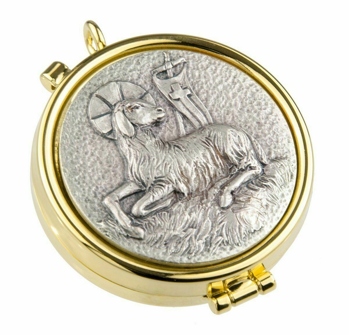 Gold Plate And Silver Toned Lamb Of God Communion Pyx, 2 1/8 Inch