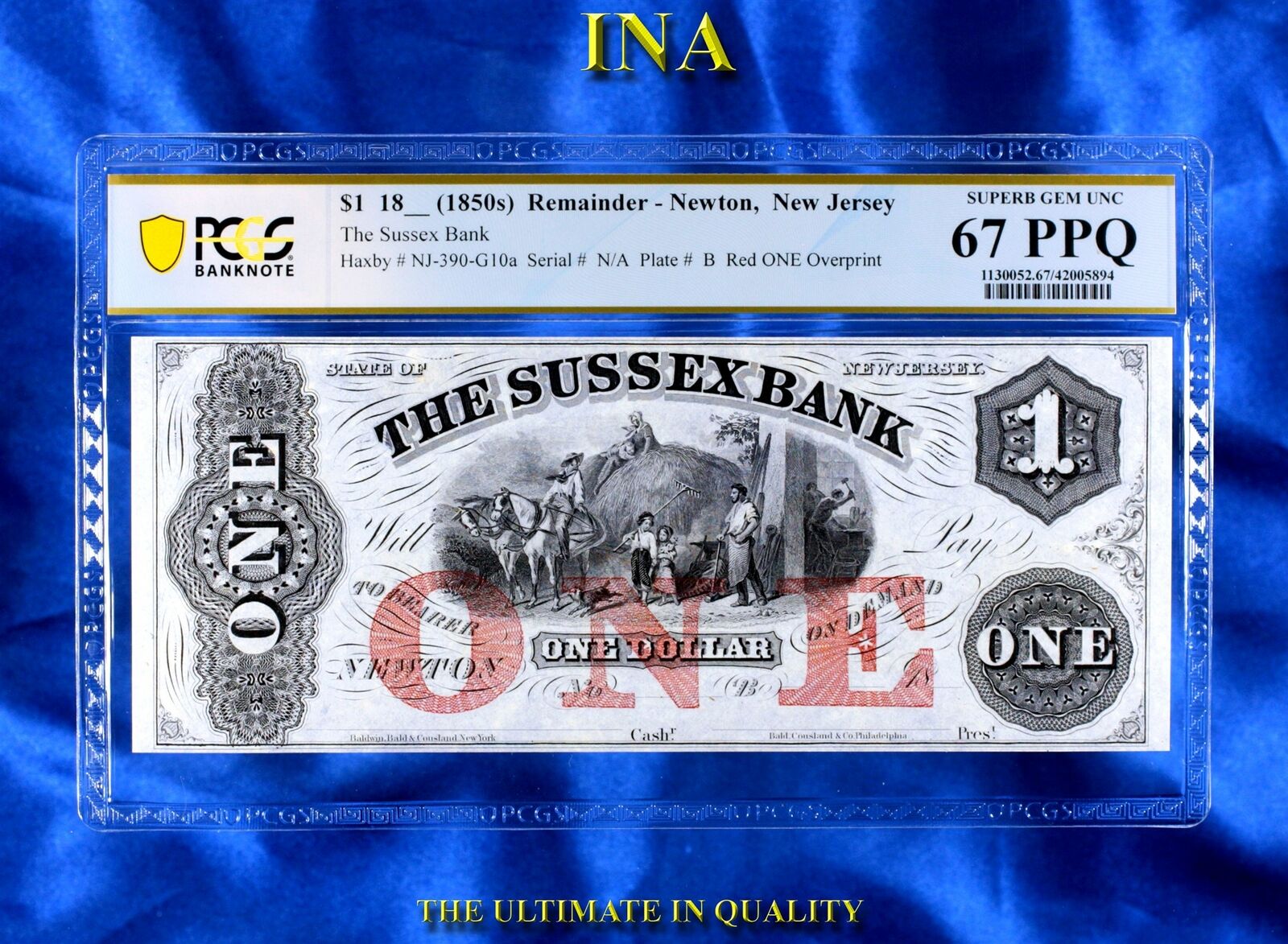 Ina New Jersey Newton Sussex Bank $1 Superb Unc Pcgs 67 Ppq Perfect Margins