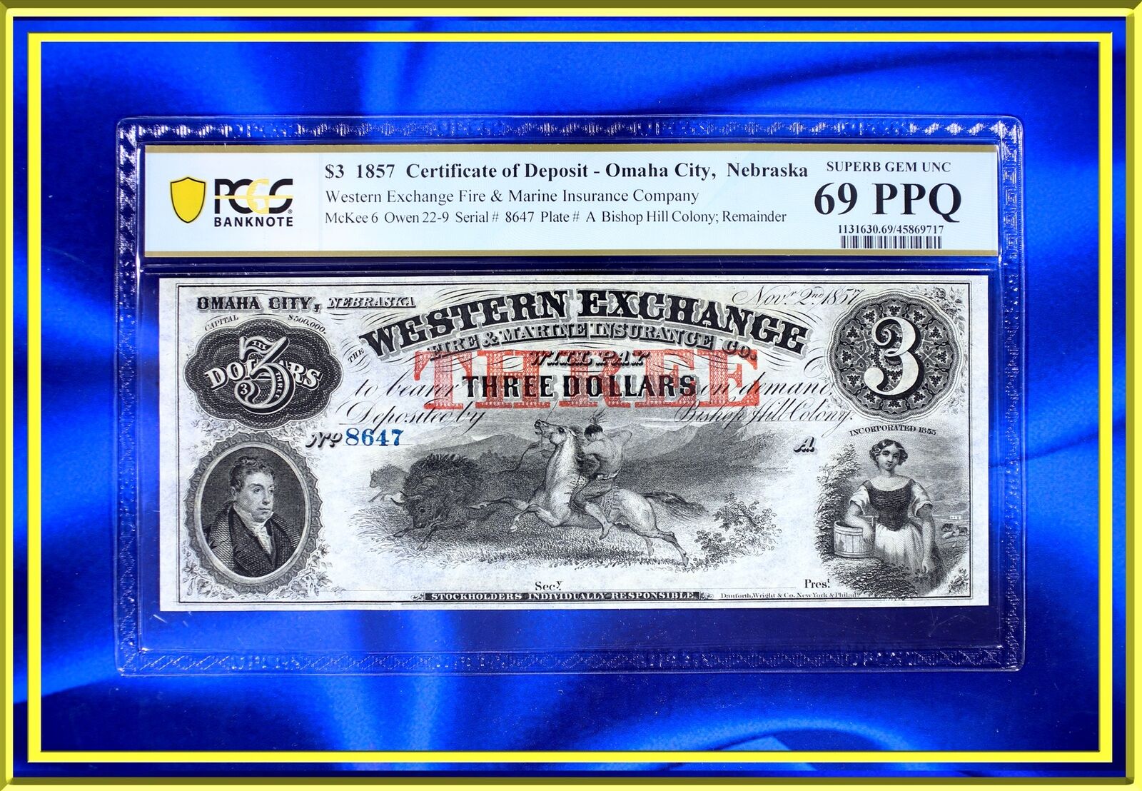 Ina Nebraska Omaha Western Exchange $3 Obsolete Currency Paper Money Pcgs 69 Ppq