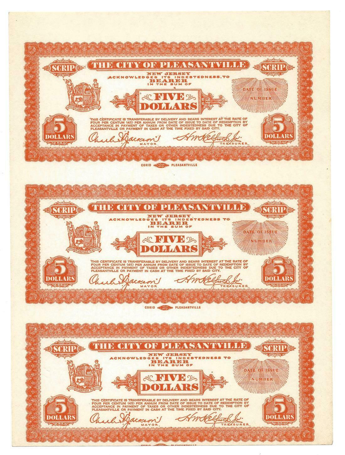 Us City Of Pleasantville Nj Uncut Sheet 3 $5 Scrip Notes Scarce Vintage Currency