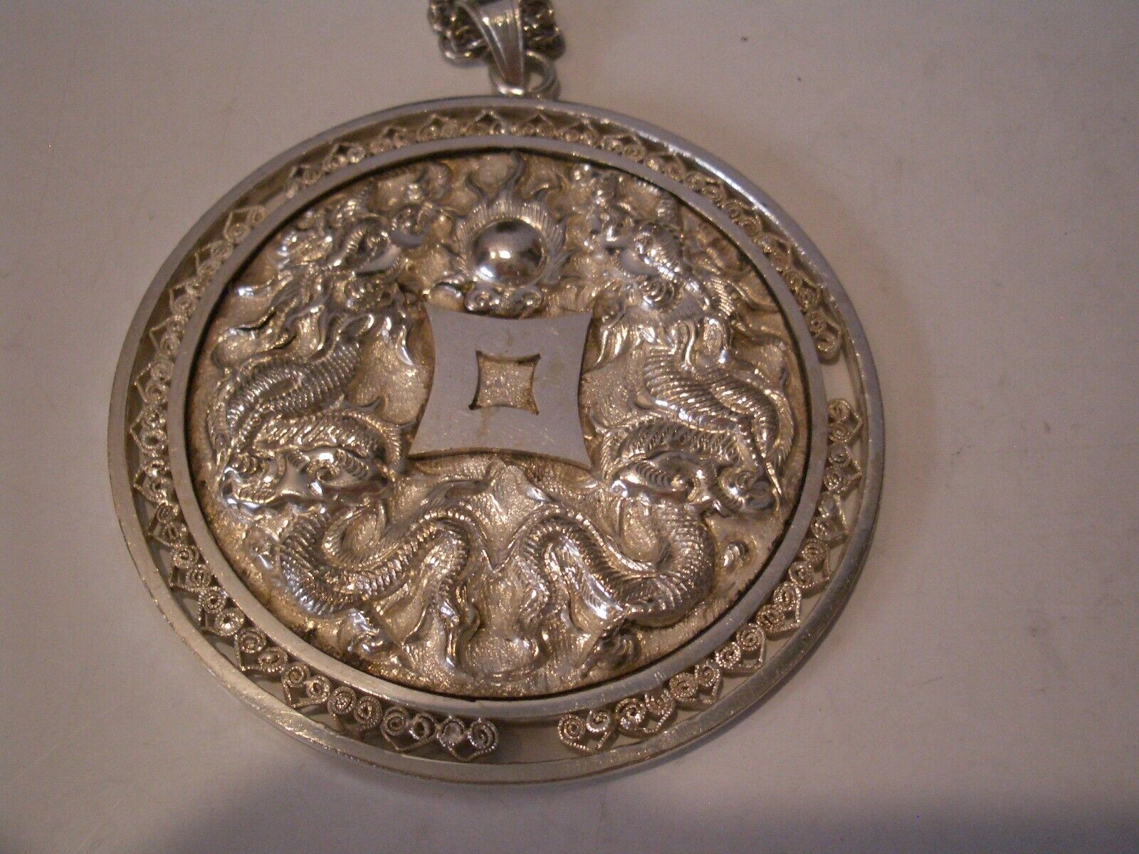 Antique Vintage Chinese Sterling Silver Dragon Pendant With Silver 18" Chain