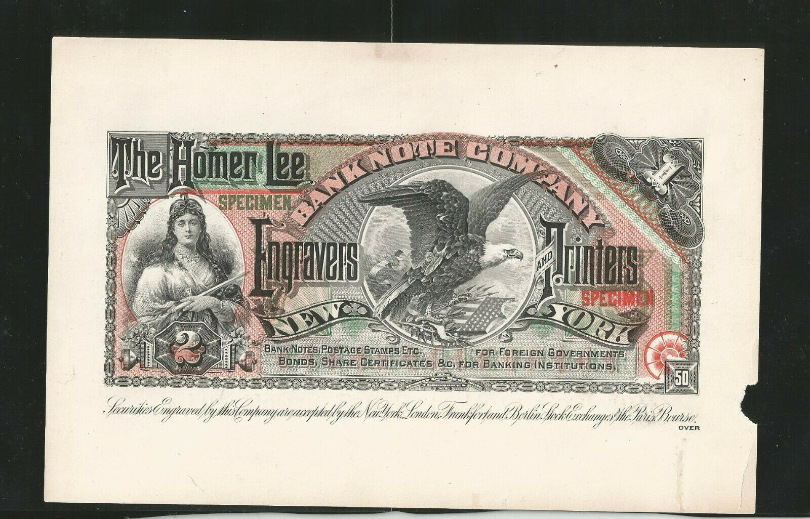 The Homer Lee Banknote Co. Specimen-sample.!! Nice Engraving Proof.!!