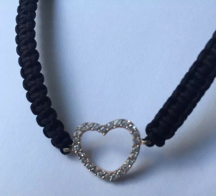 925 Sterling Silver Cz Black Adjustable Woven Cord Open Heart Bracelet New