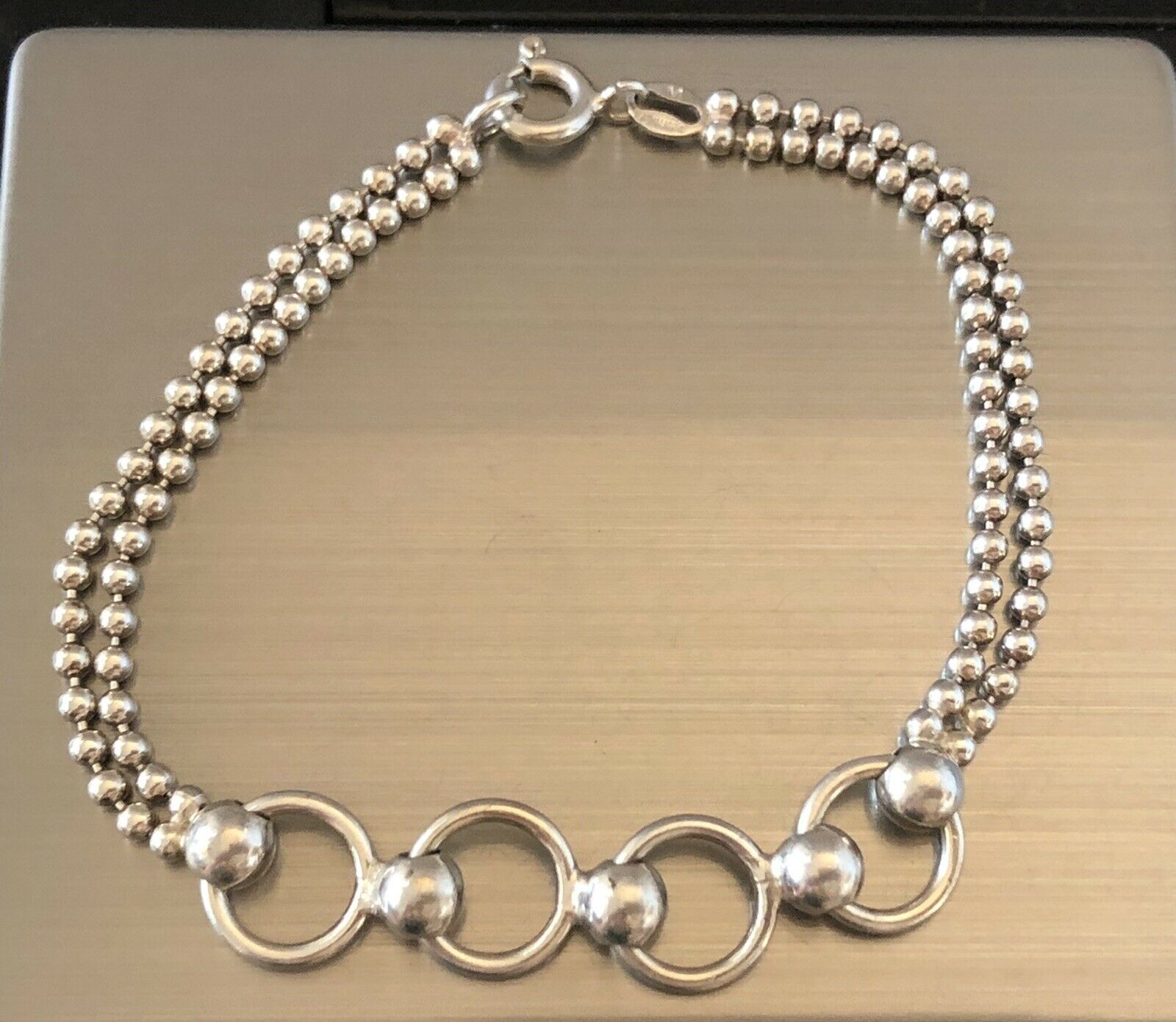 Estate Italy Signed M Sterling Silver Double Chain Round Link Bracelet 7” 6.60g