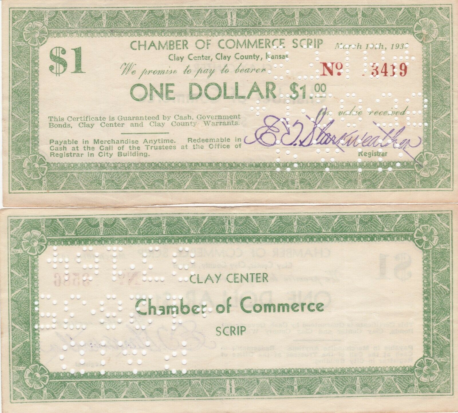 1933 $1.00 Chamber Of Commerce Scrip Clay Center Ks Kansas Light Or Dark Paid