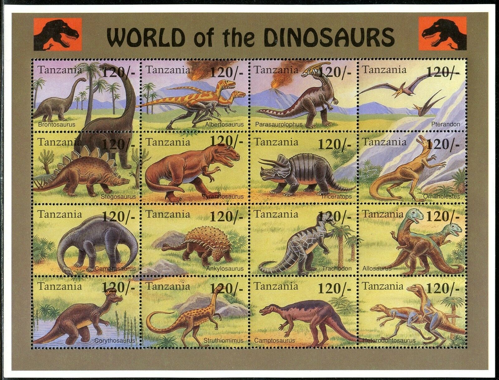Tanzania World Of  Dinosaurs Sheet Of Sixteen  Mint Never Hinged