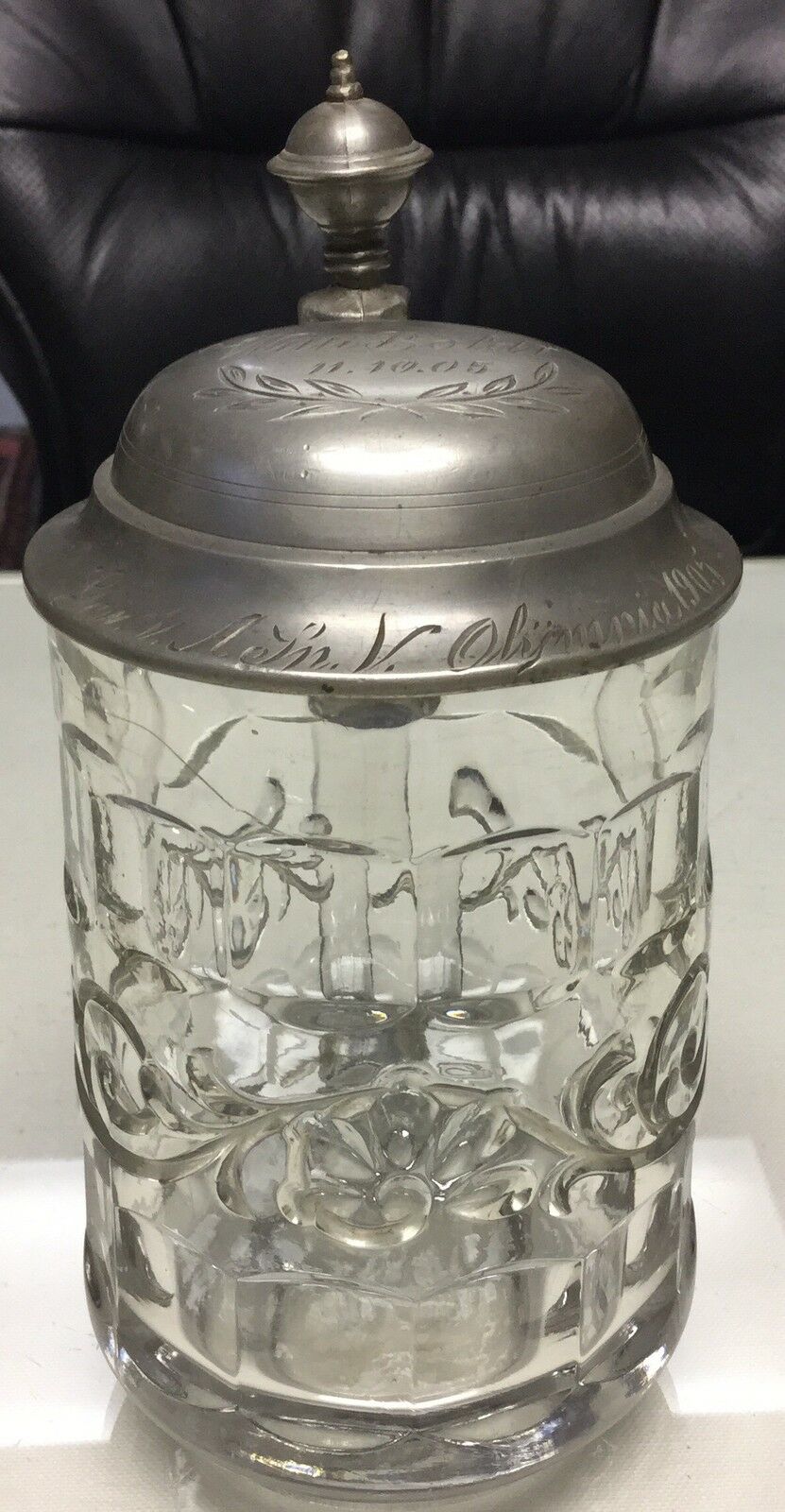 ** Early Vintage Glass Pewter German Stein 1905   **