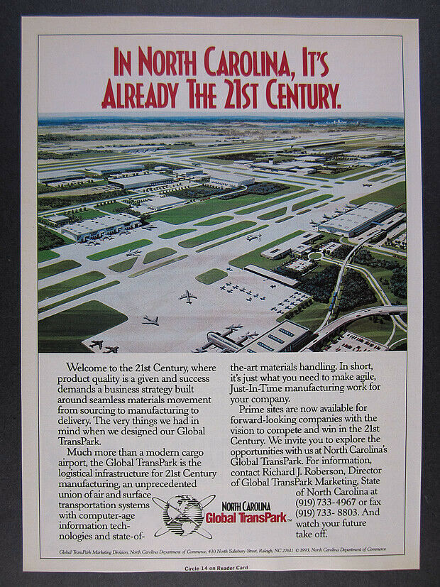 1993 North Carolina Global Transpark Promo Airport Art Vintage Print Ad