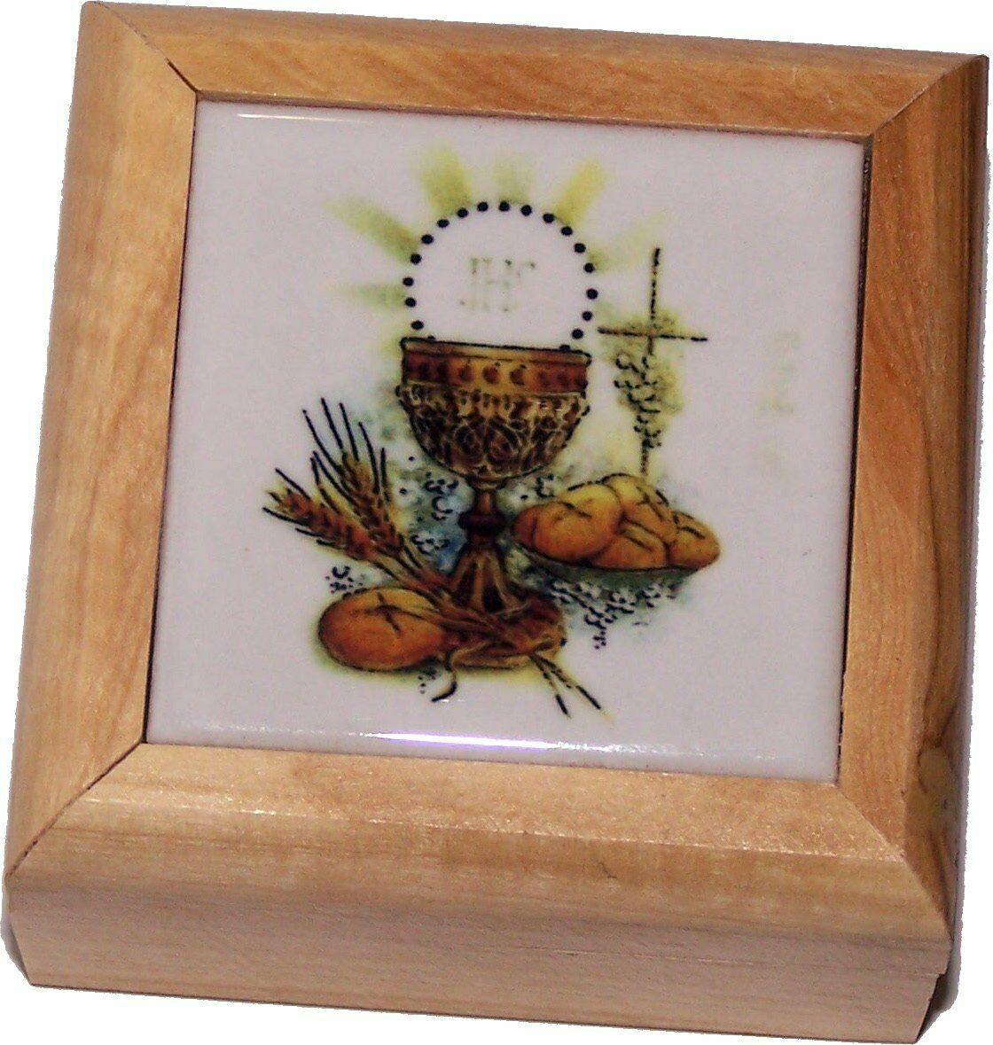 First Communion Box - Rosary Box - Bethlehem Olive Wood (ceramic - Communion)