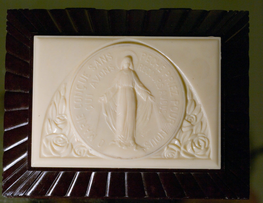French Antique Art Deco Virgin Mary Bakelite Jewel Box 1930 Signed Paris Christ