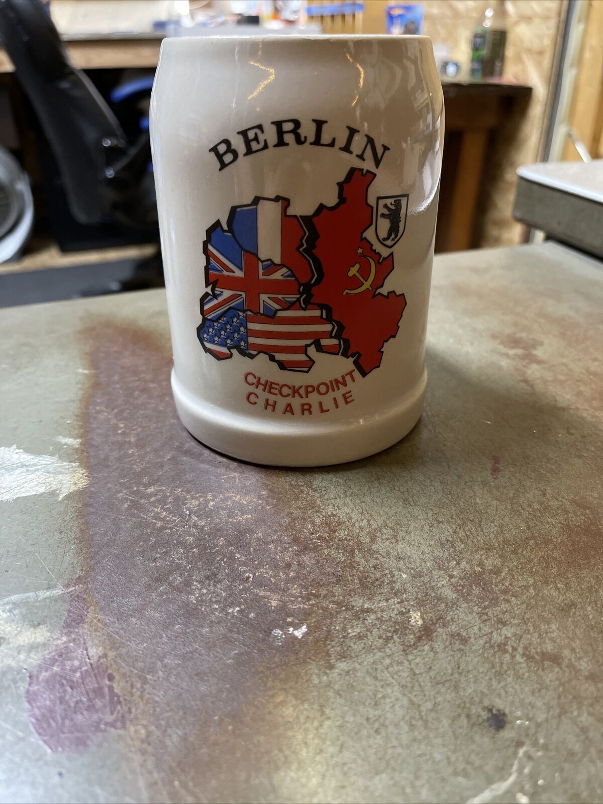 Vintage Berlin Germany Checkpoint Charlie Beer Stein Russia Britain Usa 05