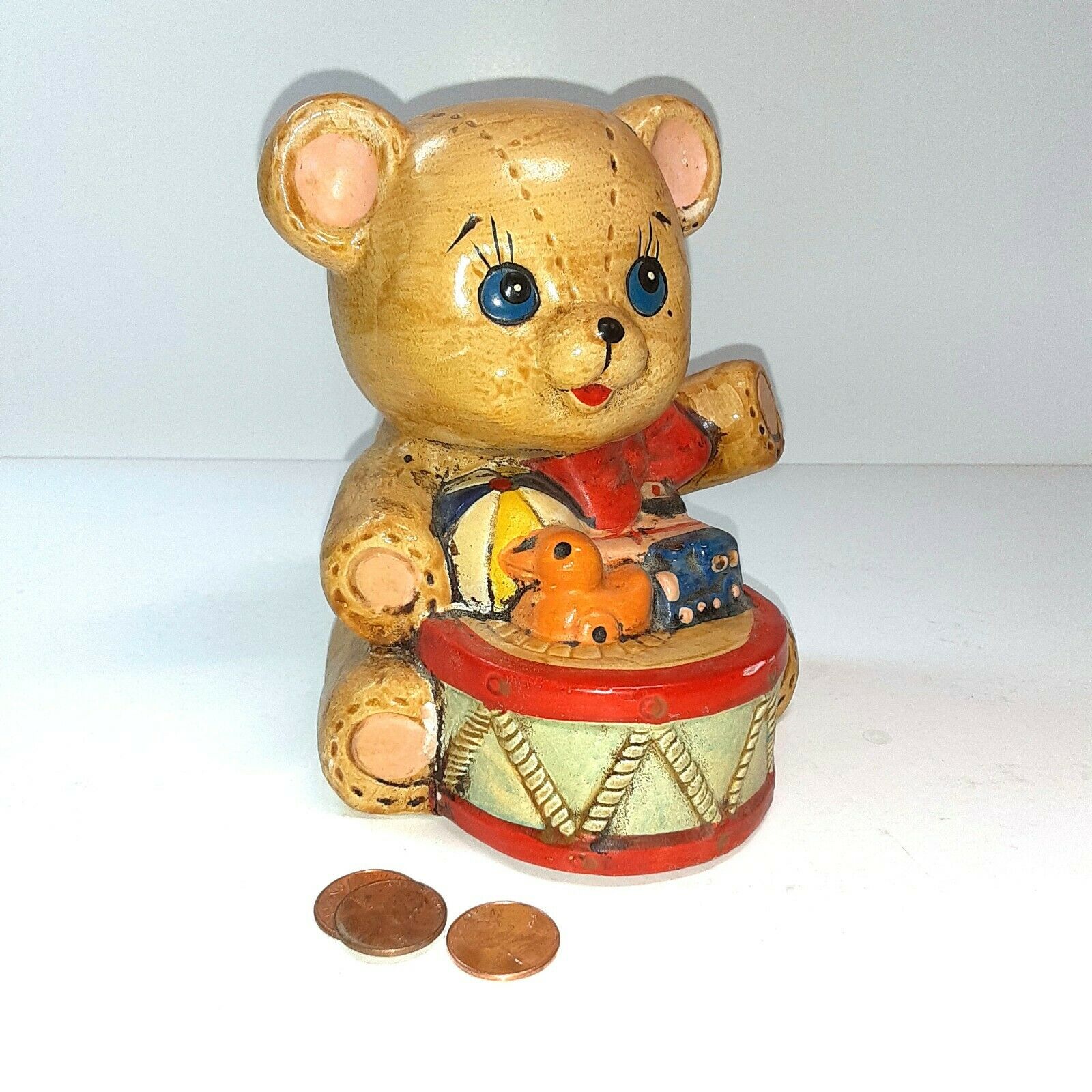 Vintage Antique Mid Century Ceramic Teddy Bear Coin Bank Toys Drum 5"