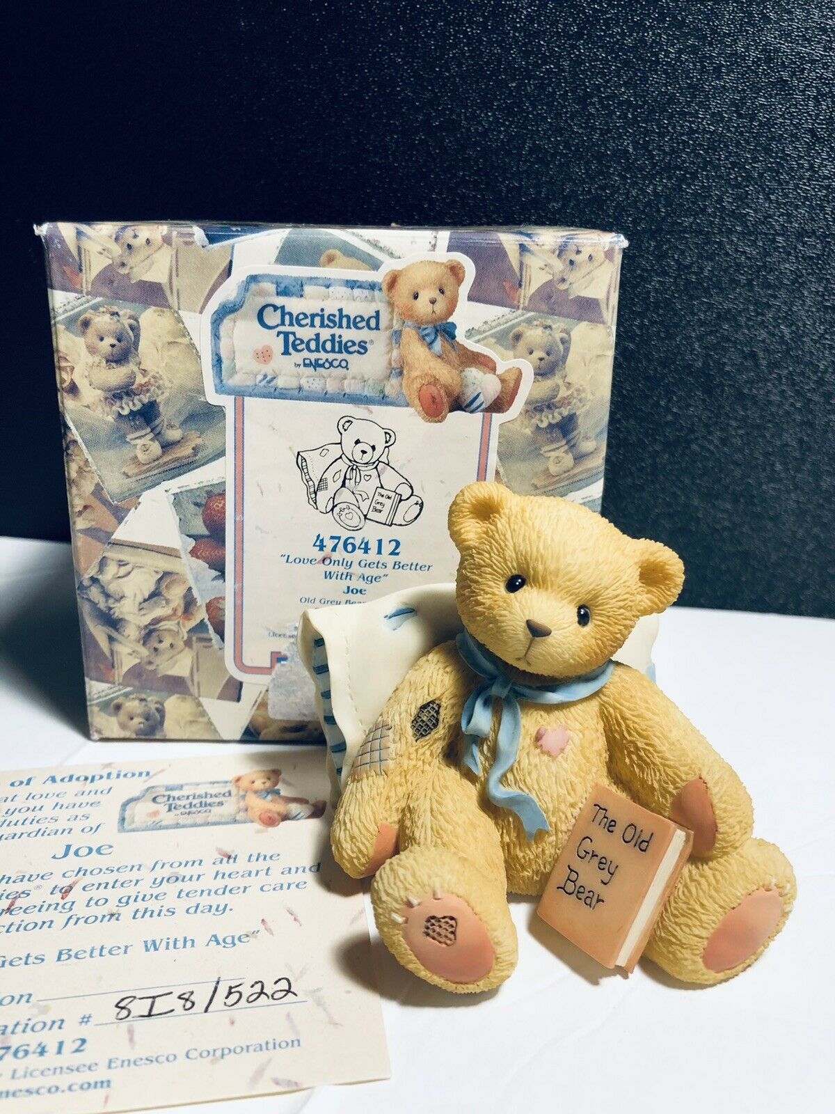 Cherished Teddies 1998-joe-old Grey Bear With Pillow-476413-mib-coa-b1