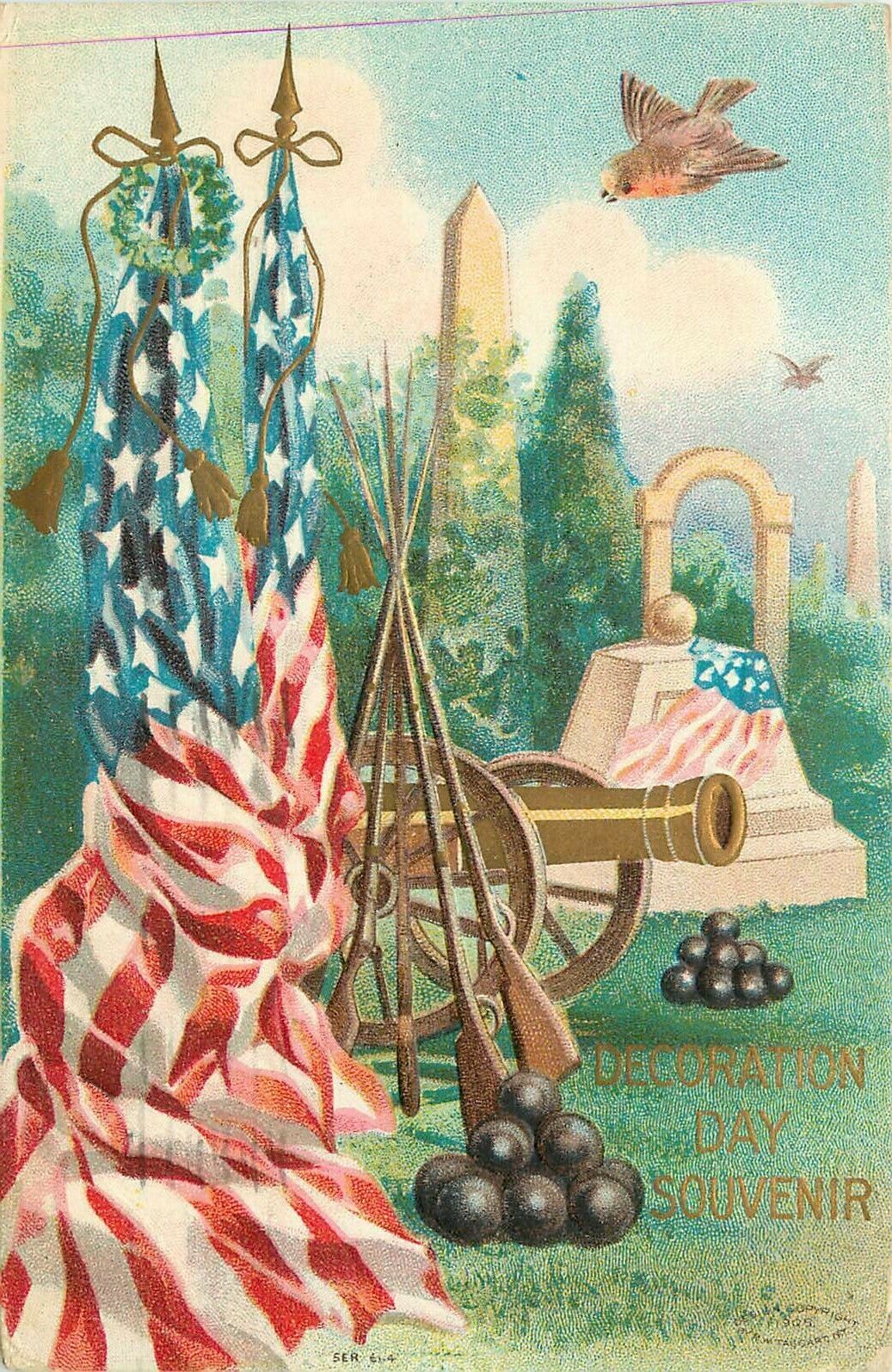 Embossed Postcard 604 Decoration Day Souvenir Cannon & Flag-draped Monuments