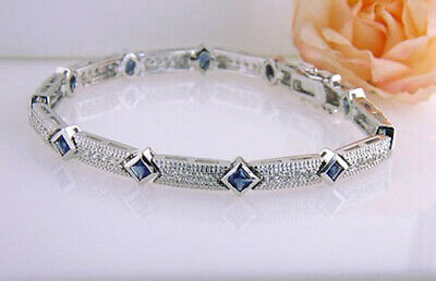 Sterling Silver Princess Cut Synthetic Sapphire Pave Tennis Bracelet 7"