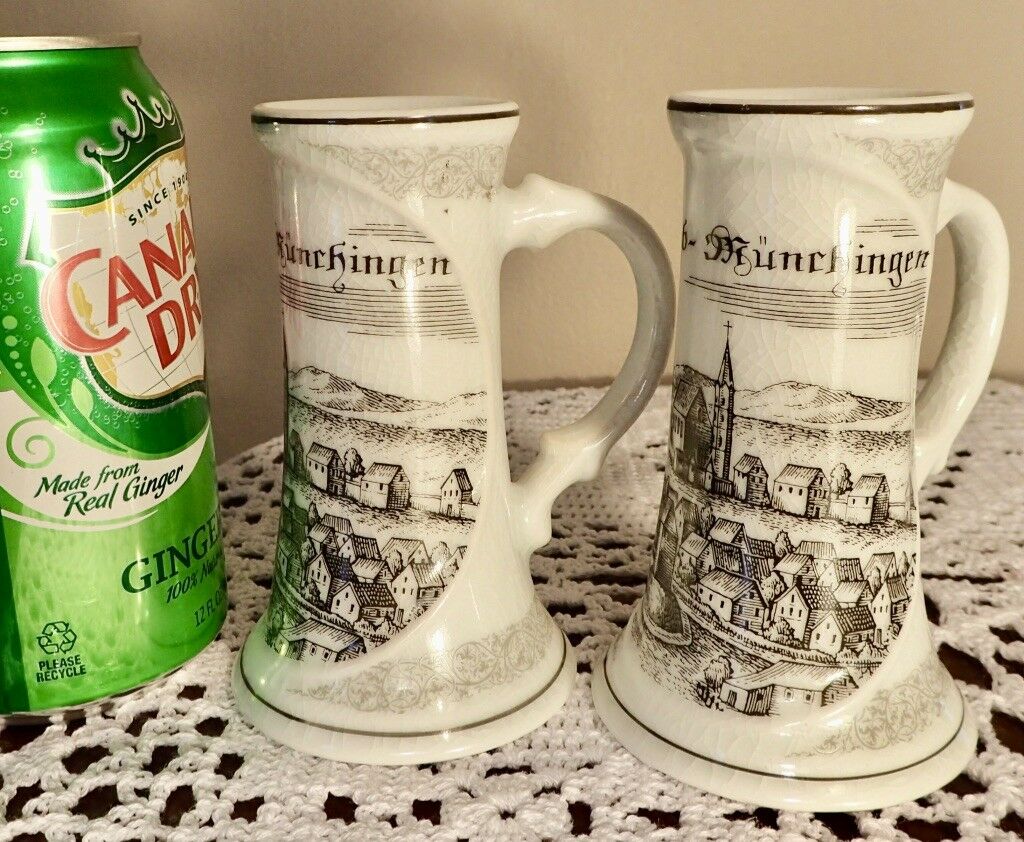 Set Of 2 Vintage German White Ceramic Beer Steins W/ Schwab-munchingen Etchings