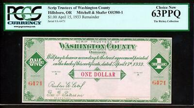 1933 $1 Washinton County Remainder Scrip + Pcgs 63ppq Choice New Unc M&s Or380-1