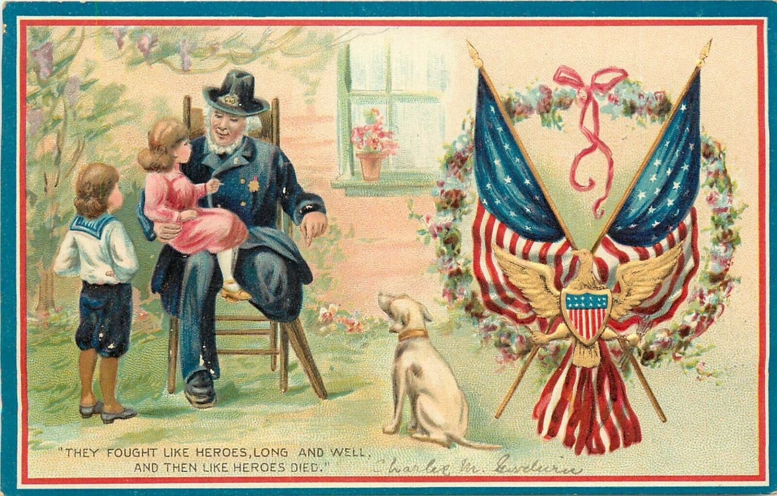 Tuck Decoration Day Embossed Postcard 159 Vet With Wooden Leg, Children & Dog