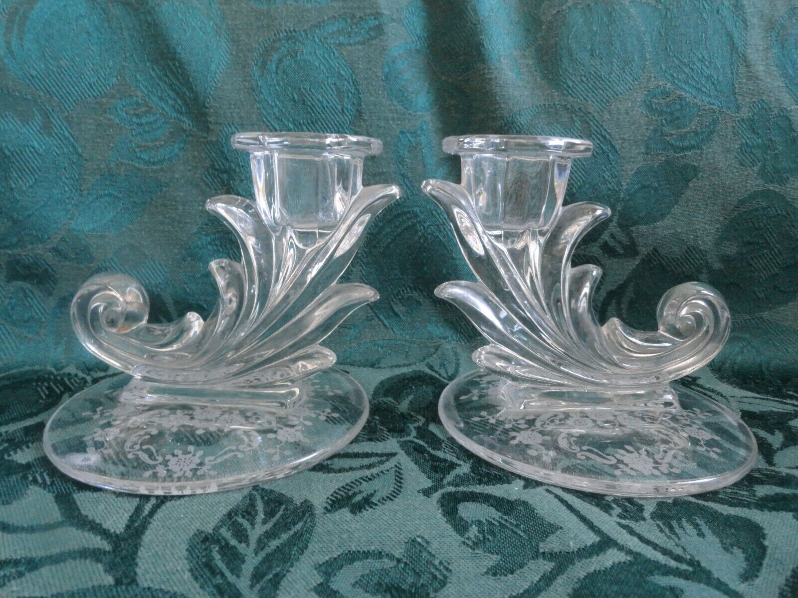 Fostoria Blown Etched 2 Pair Baroque Style Candlesticks Meadow Rose Clear