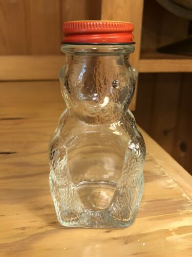 Vintage Domino Sugar & Cinnamon Mr. Bear's A Bank Too Clear Glass Jar & Lid Euc