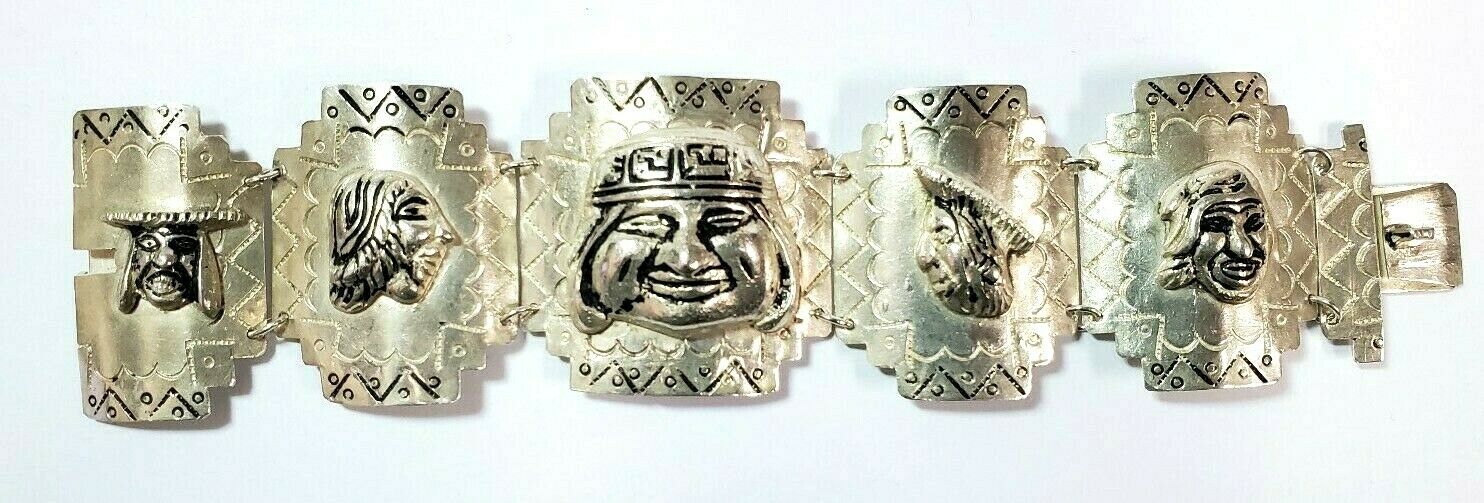 Vintage Large Sterling Silver Peruvian Inca Bracelet Made In Peru