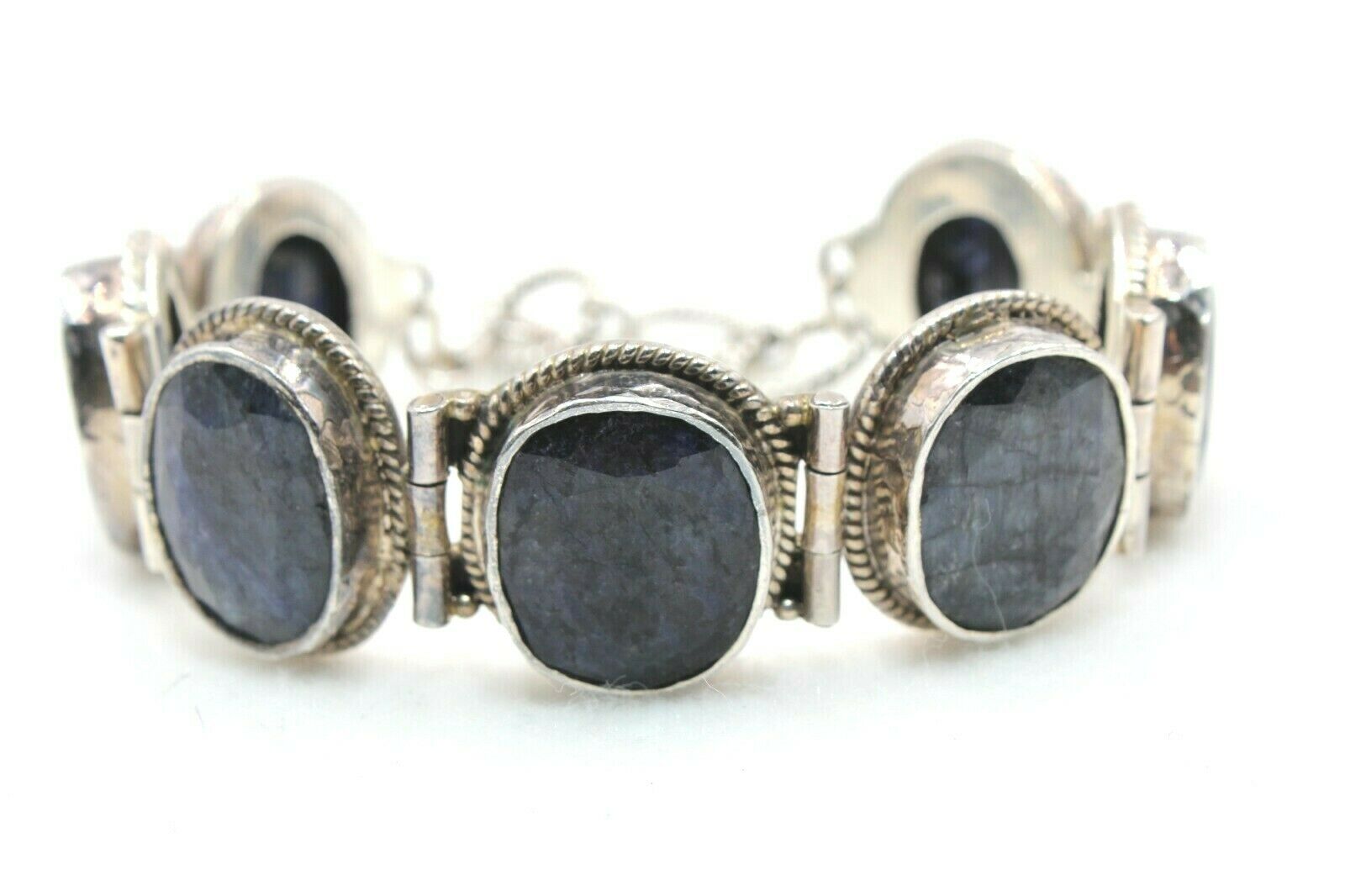 Sterling Silver With Blue Sapphire Oval  9 3/4" Toggle Bracelet Adjustable ~ Euc