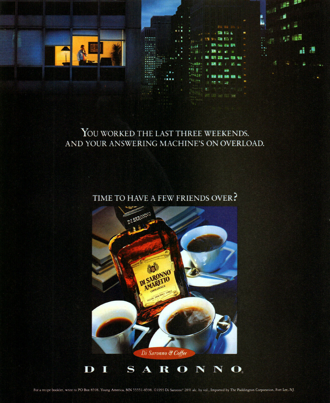 1994 City Night Lights Di Saronno Amaretto Man Work Retro Photo Print Ad Ads69