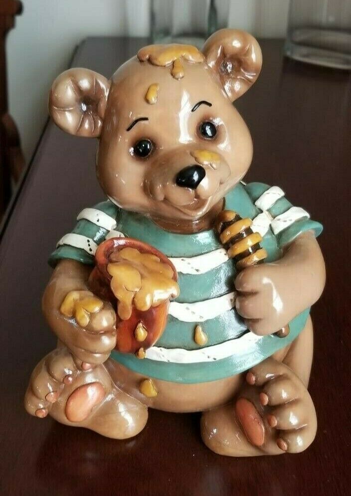 Teddy Bear Bank With Honey Pot And Green And White Striped Shirt, Resin