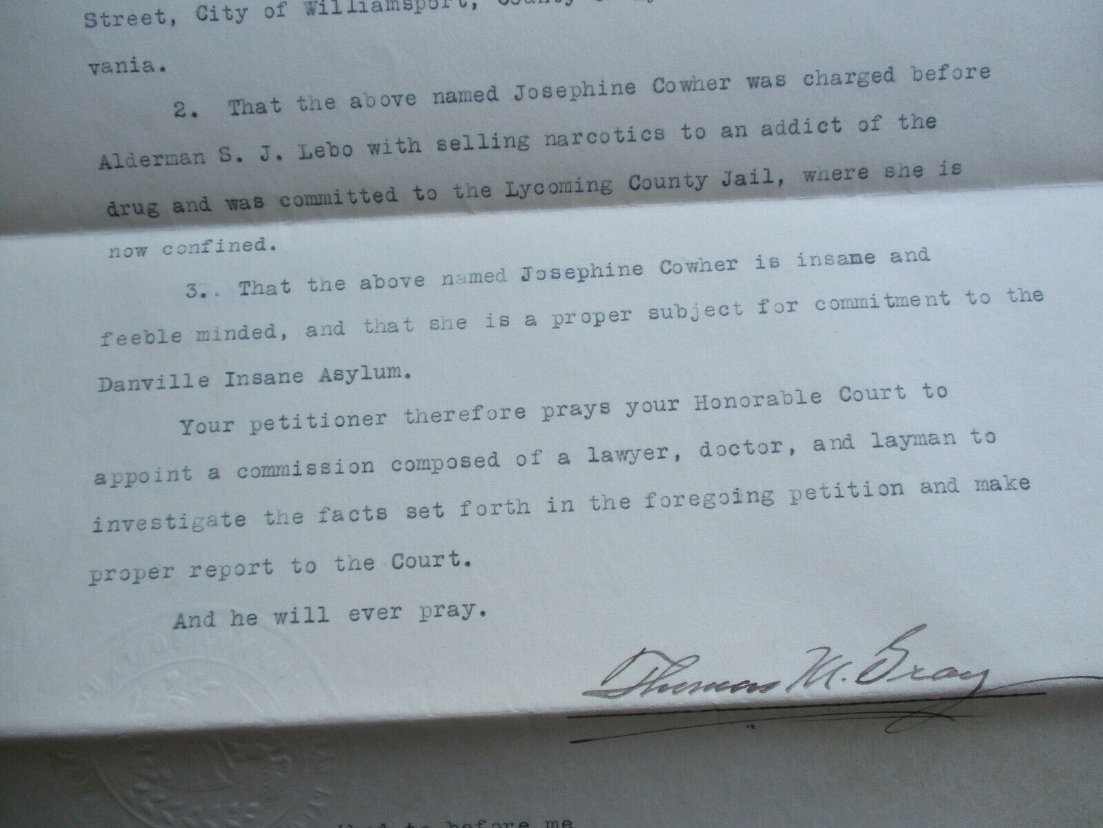 1923 (2) Insane Narcotic Dealer Sent To Danville Insane Hospital Signed Document