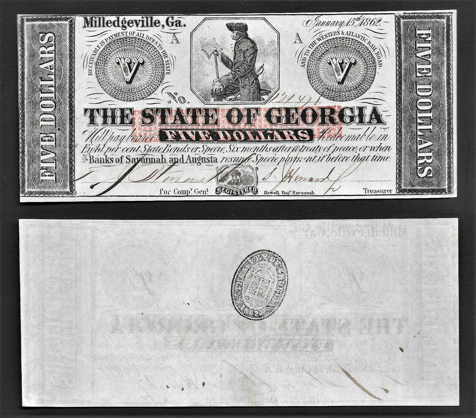 *awesome* Civil War Era $5 1862 "milledgeville, Georgia" Choice Uncirculated