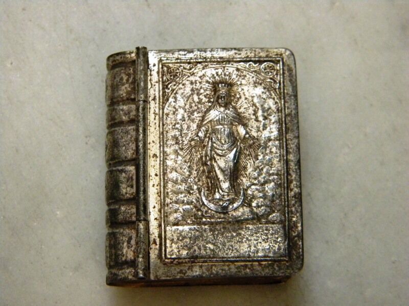 Antique Metal Box Book Shape Immaculate Conception