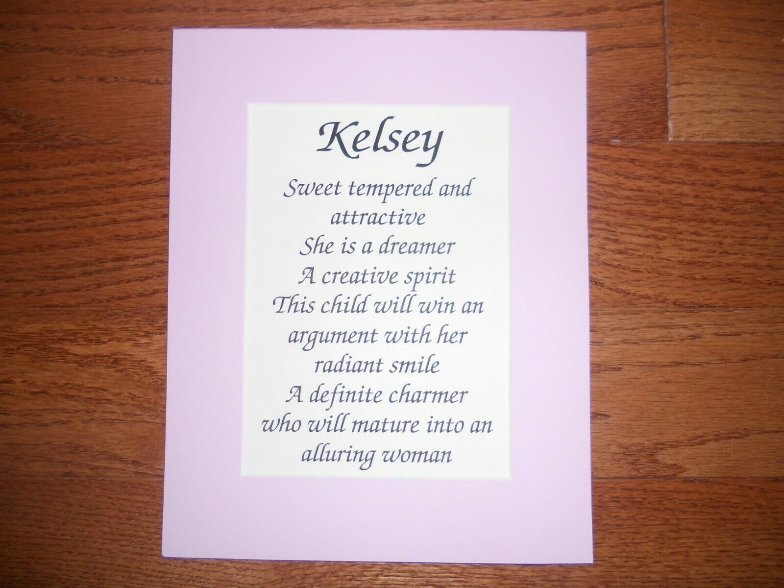 "kelsey" Personalized Name Meaning Gift Nursery Decor Keepsake Pink Mat 8" X 10"