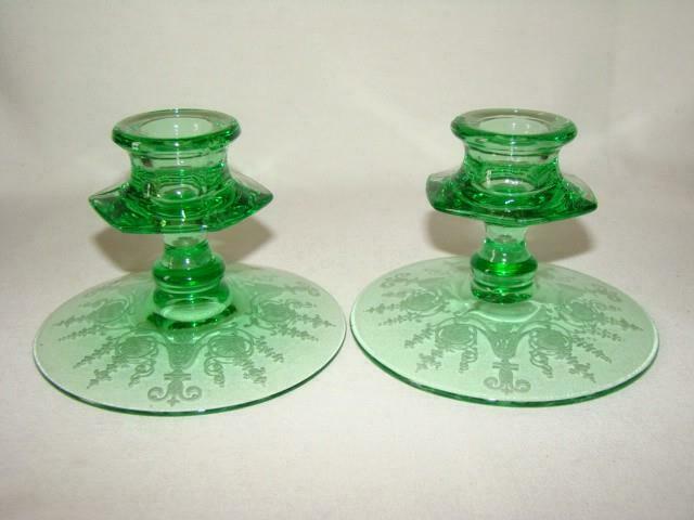Vintage Elegant Etched Glass Fostoria Green Depression Candlestick Holders