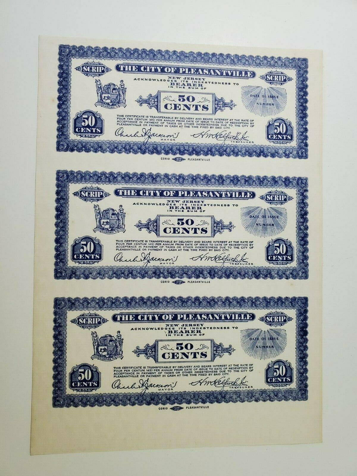 1930's 3 Panel Uncut Sheet Pleasantville Nj 50 Cent Scrip No Reserve