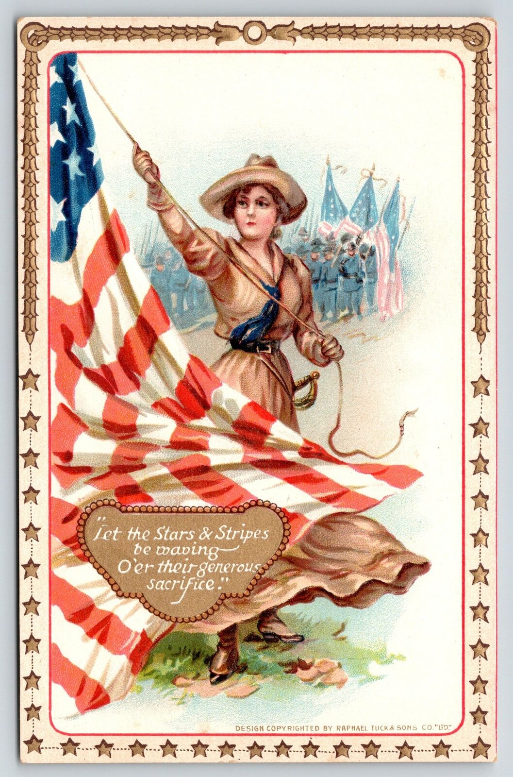 Patriotic~woman Raises Flag~civil War Troops~stars Stripes~tuck Decoration Day