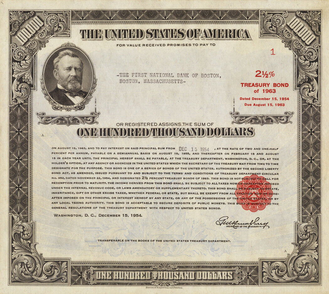 $100,000 U.s. Treasury Bond Note 1963 Currency Sheet Reproduction Obsolete
