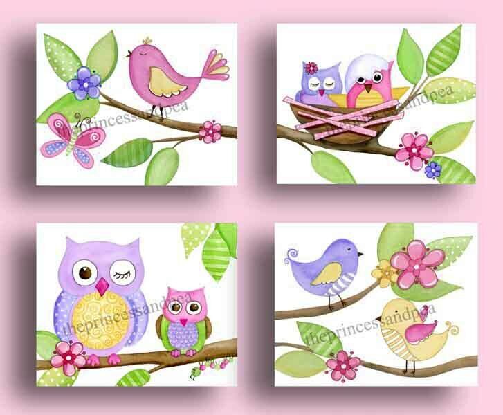 Owls And Birds Wall Art Prints For Girls Bedroom, Nursery, Or Playroom