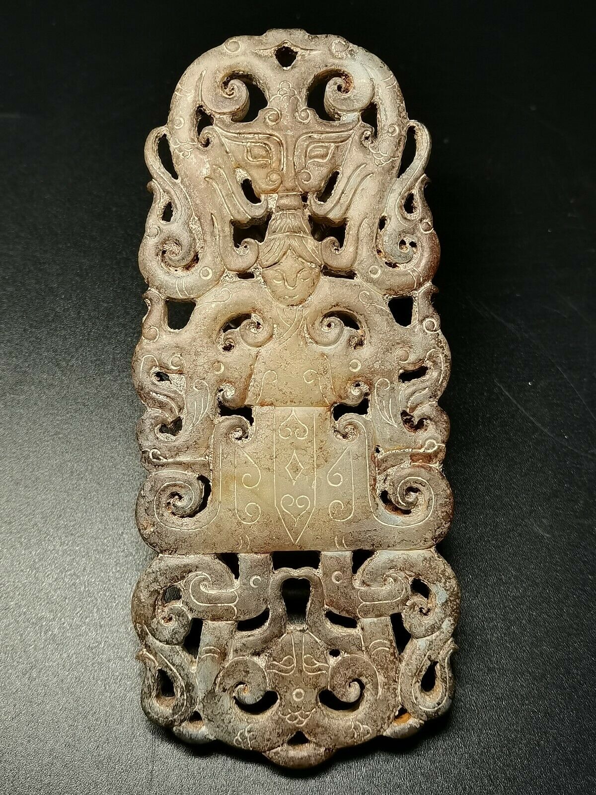 Chinese Jade Pendant&necklace Carving Human&beast Mask Vein Jade Amulet