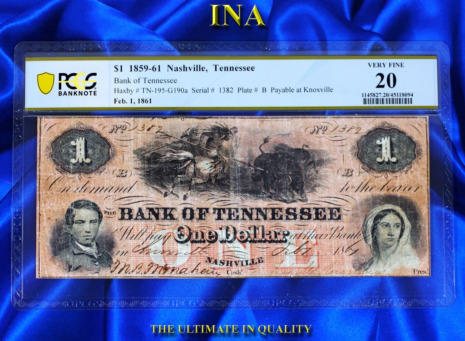 Ina Nashville Bank Of Tennessee $1 Us Knoxville Civil-war Pcgs 20 Rare Top-pop