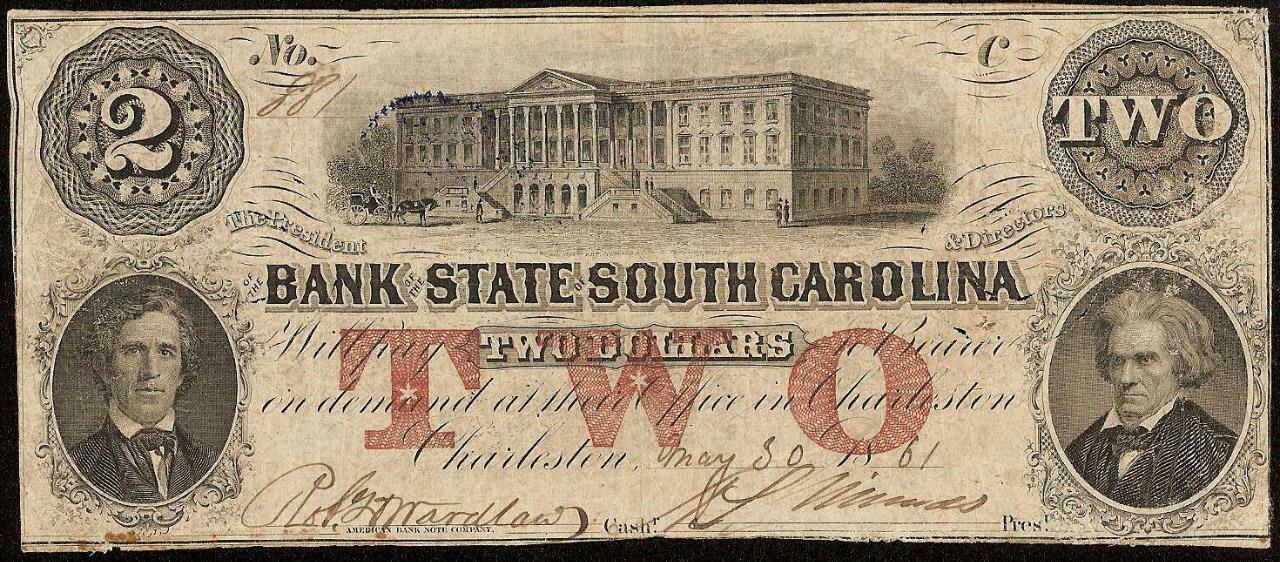 Large 1861 $2 Two Dollar South Carolina Bank Note Currency Paper Money Civil War