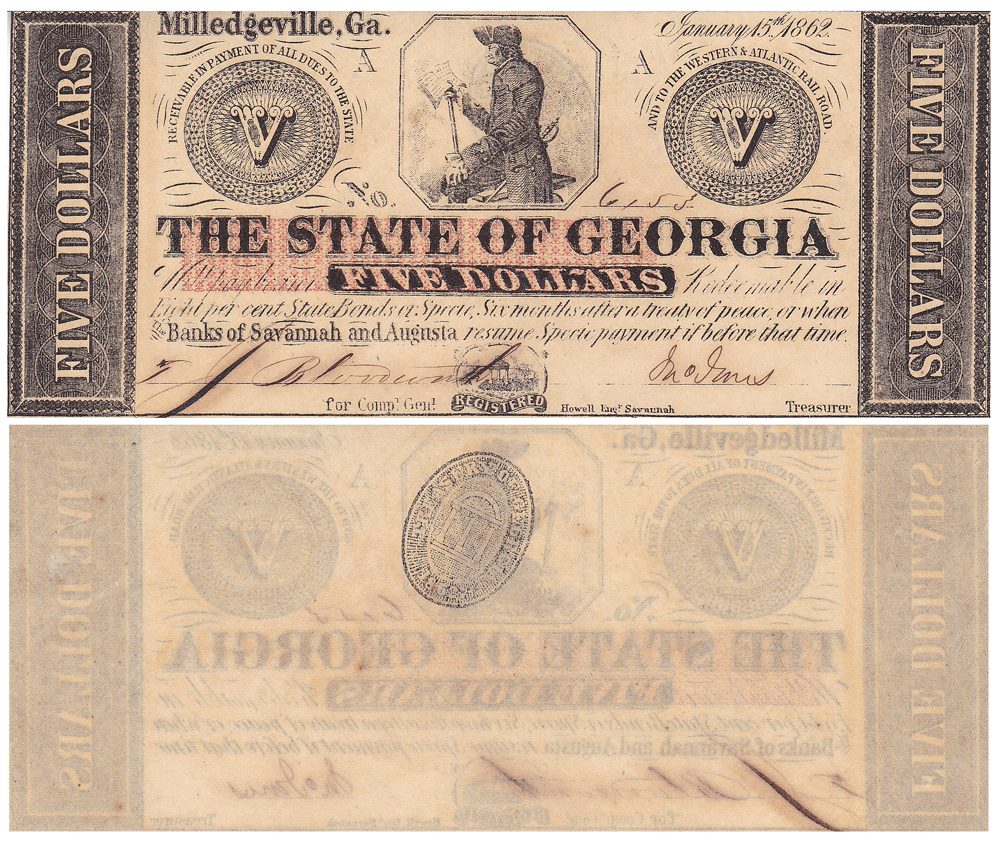 1862 $5 The State Of Georgia Milledgeville Cr-5 Uncirculated Obsolete Currency