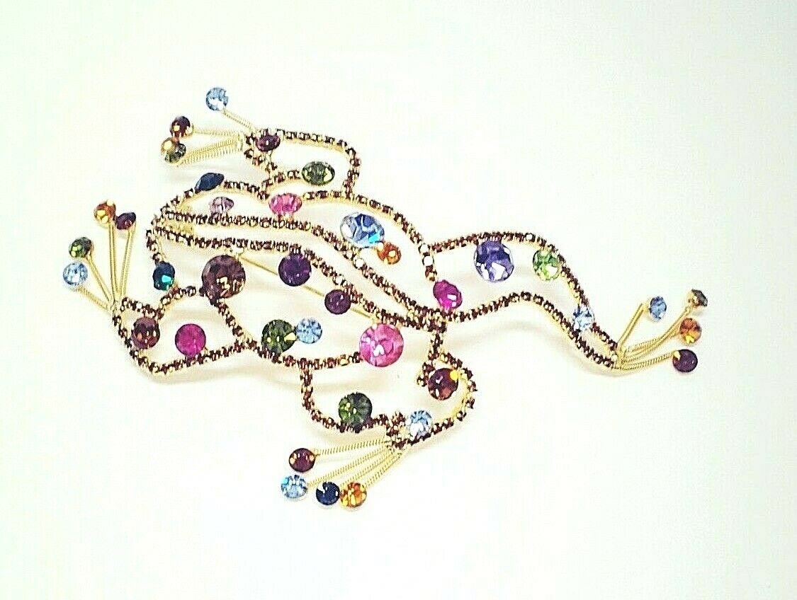 Vtg Rhinestone Frog Brooch Pin, High End Multi-color Xl Size Exquiste Euc