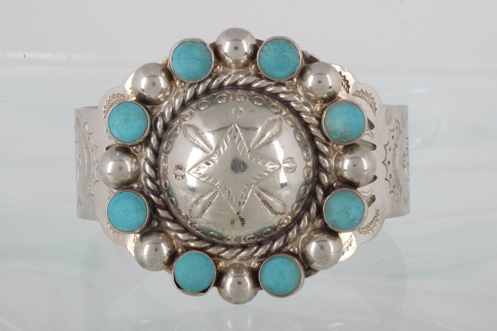Sterling Wide Turquoise Stones Embossed Design Dome Cuff Bracelet Fine 925 1415b