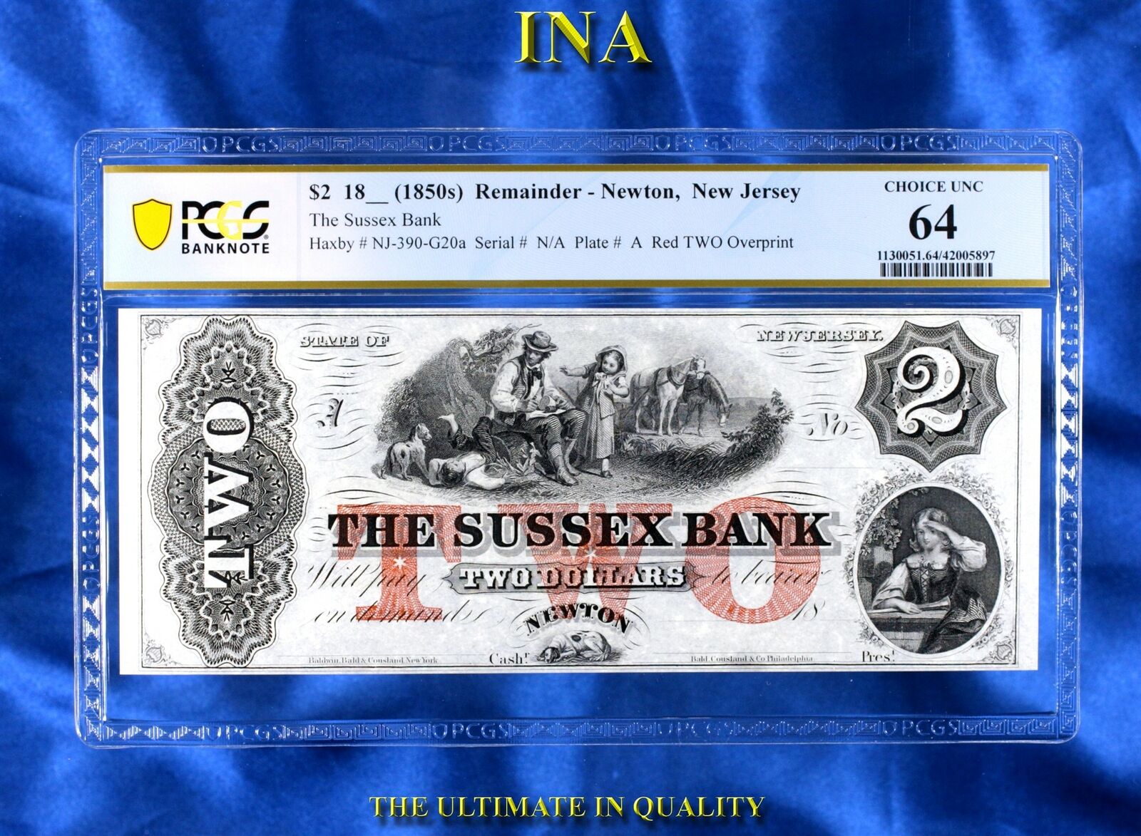 Ina New Jersey Newton Sussex Bank $2 Obsolete Choice Unc Pcgs 64 Perfect Margins