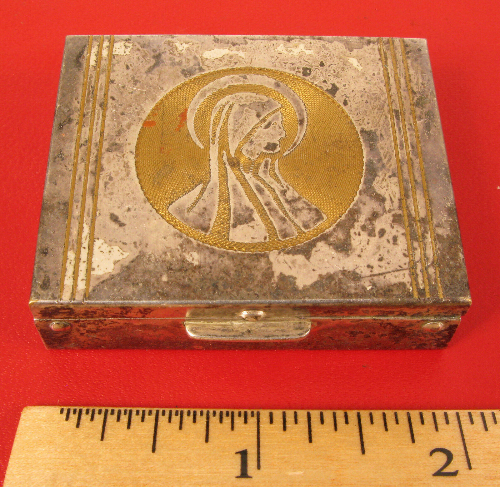 Antique Virgin Mary Rosary Box Holder Silver Plate Heavy Tarnish Velvet Lined !!