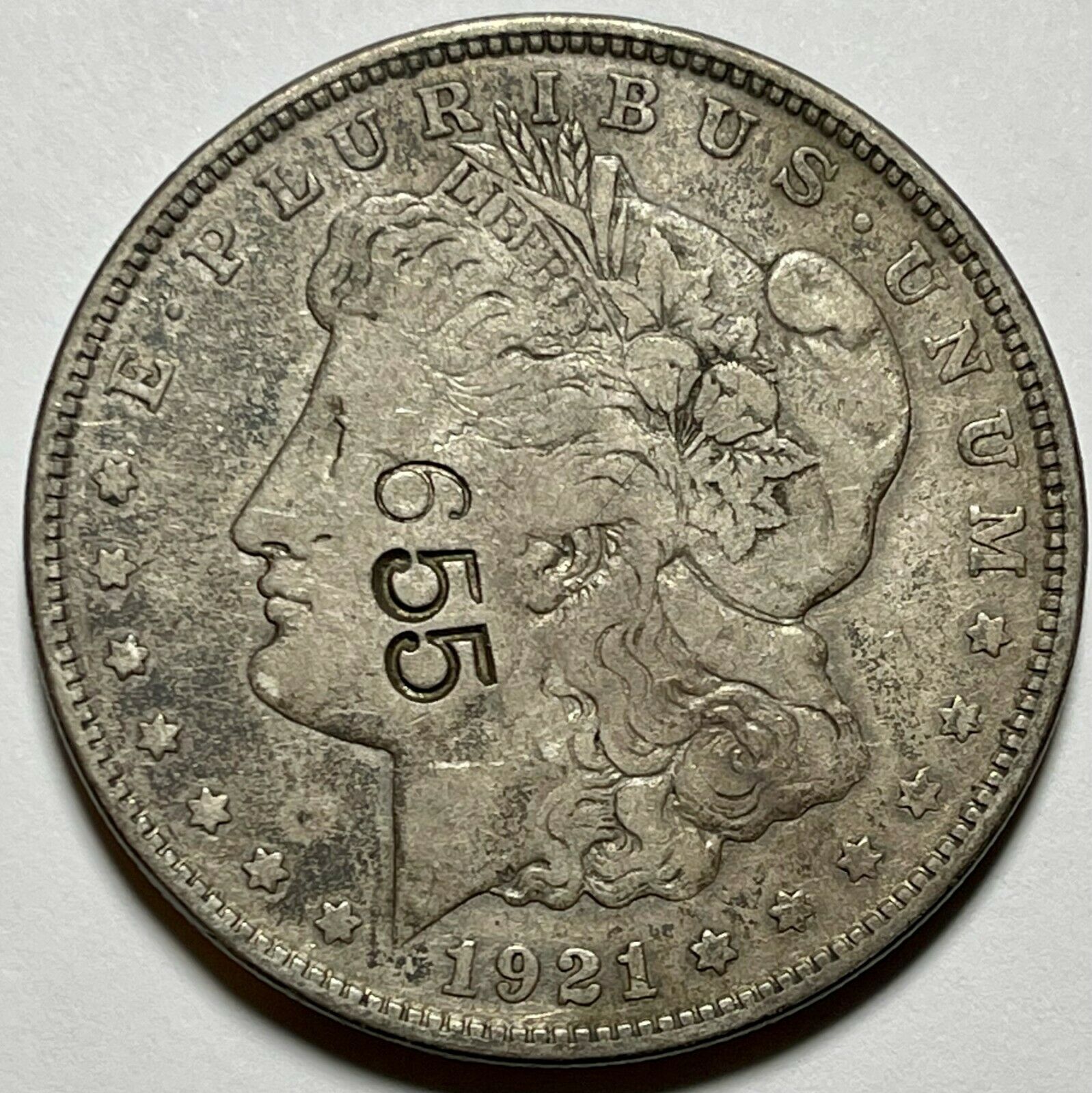 1921 Morgan Dollar Counterstamped 655 With Eagle Eye Drilled
